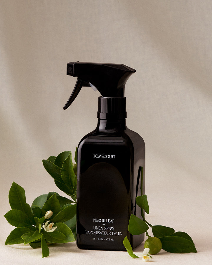 Black spray bottle labeled 'Homecourt' with green leaves on a beige background