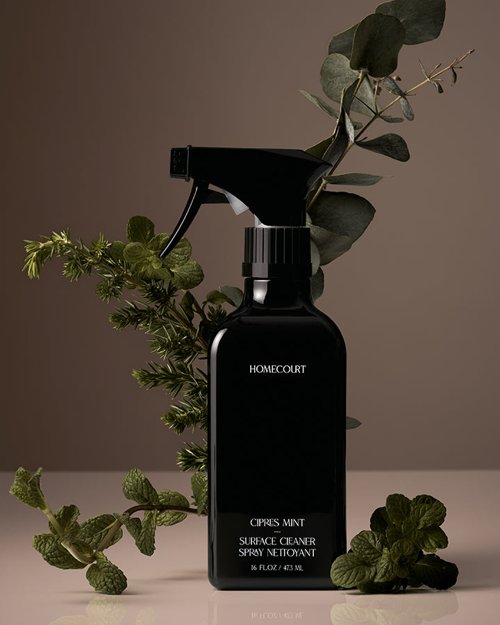 Black spray bottle labeled 'Homecourt' with green leaves on a neutral background