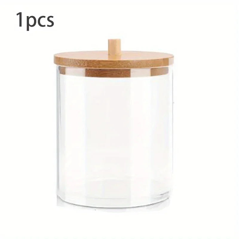 Acrylic Cotton Swab Storage Box Bathroom Jar Cosmetics Storage Box Cotton Ball Pad Round Cotton Swab Holder With Bamboo Cover