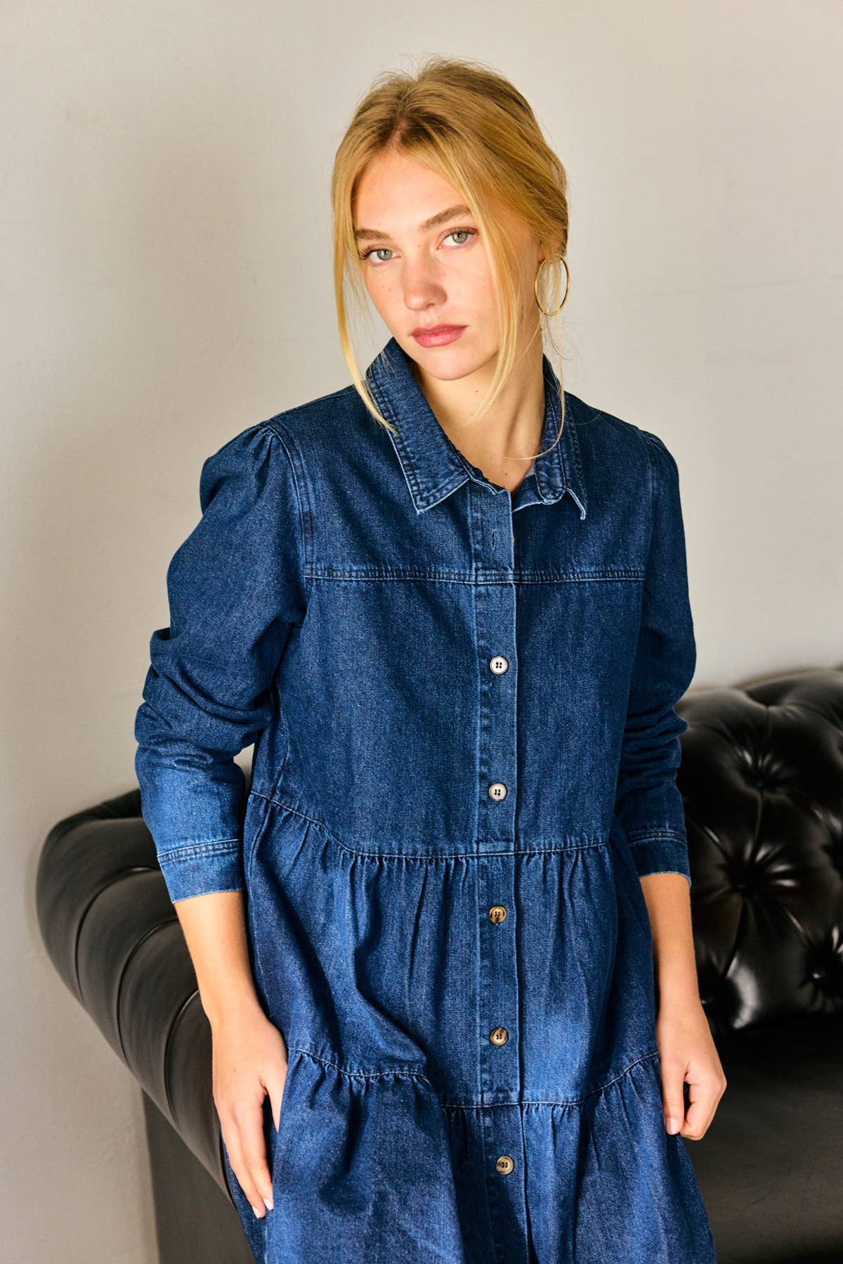 Button Down Babydoll Ruffle Denim Dress