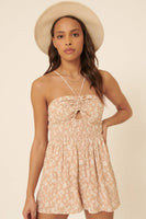 Floral V Strap Ruched Smock Flared Leg Romper