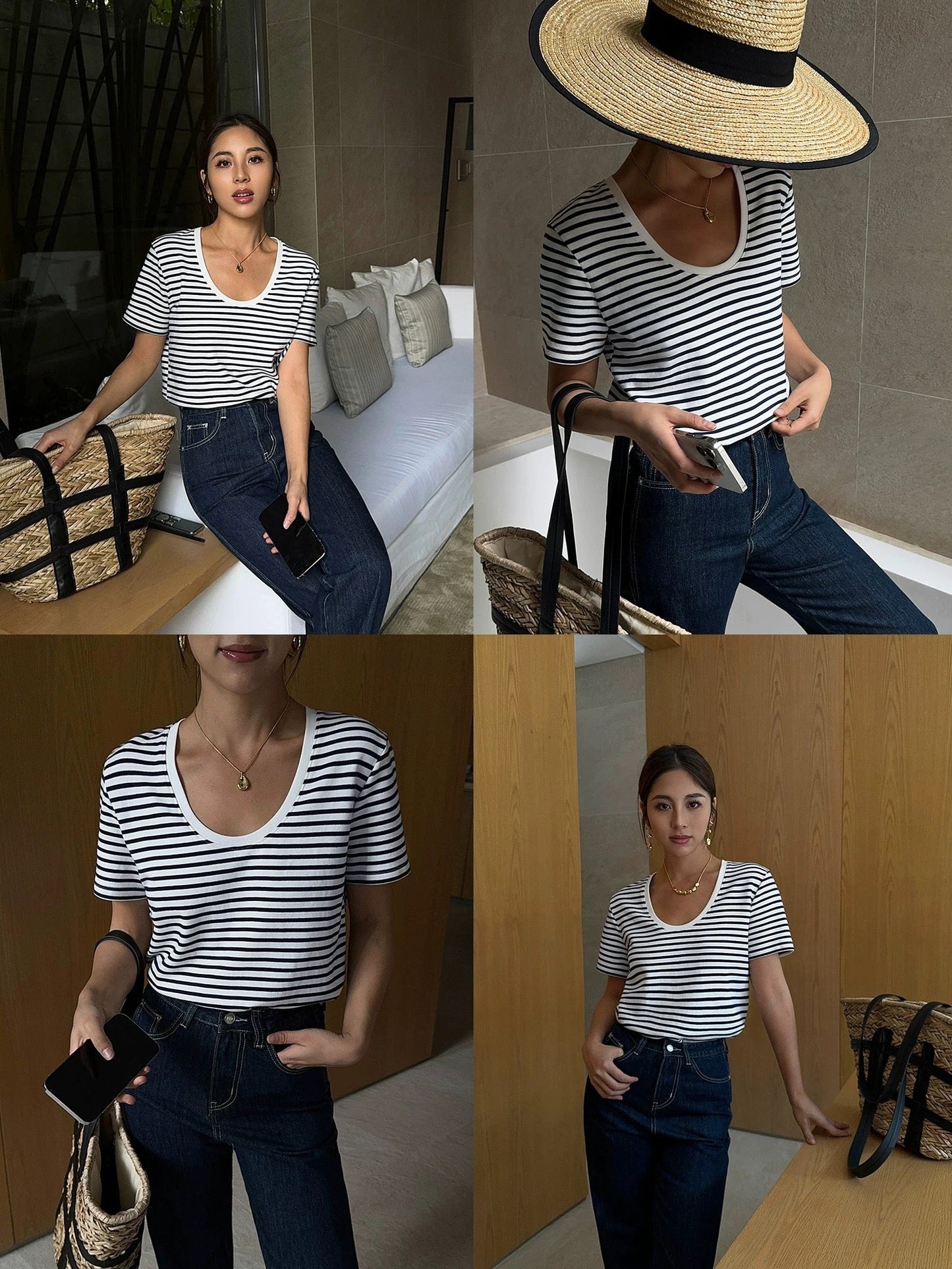 Striped U-neck short-sleeved T-shirt