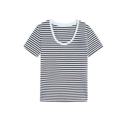 Striped U-neck short-sleeved T-shirt