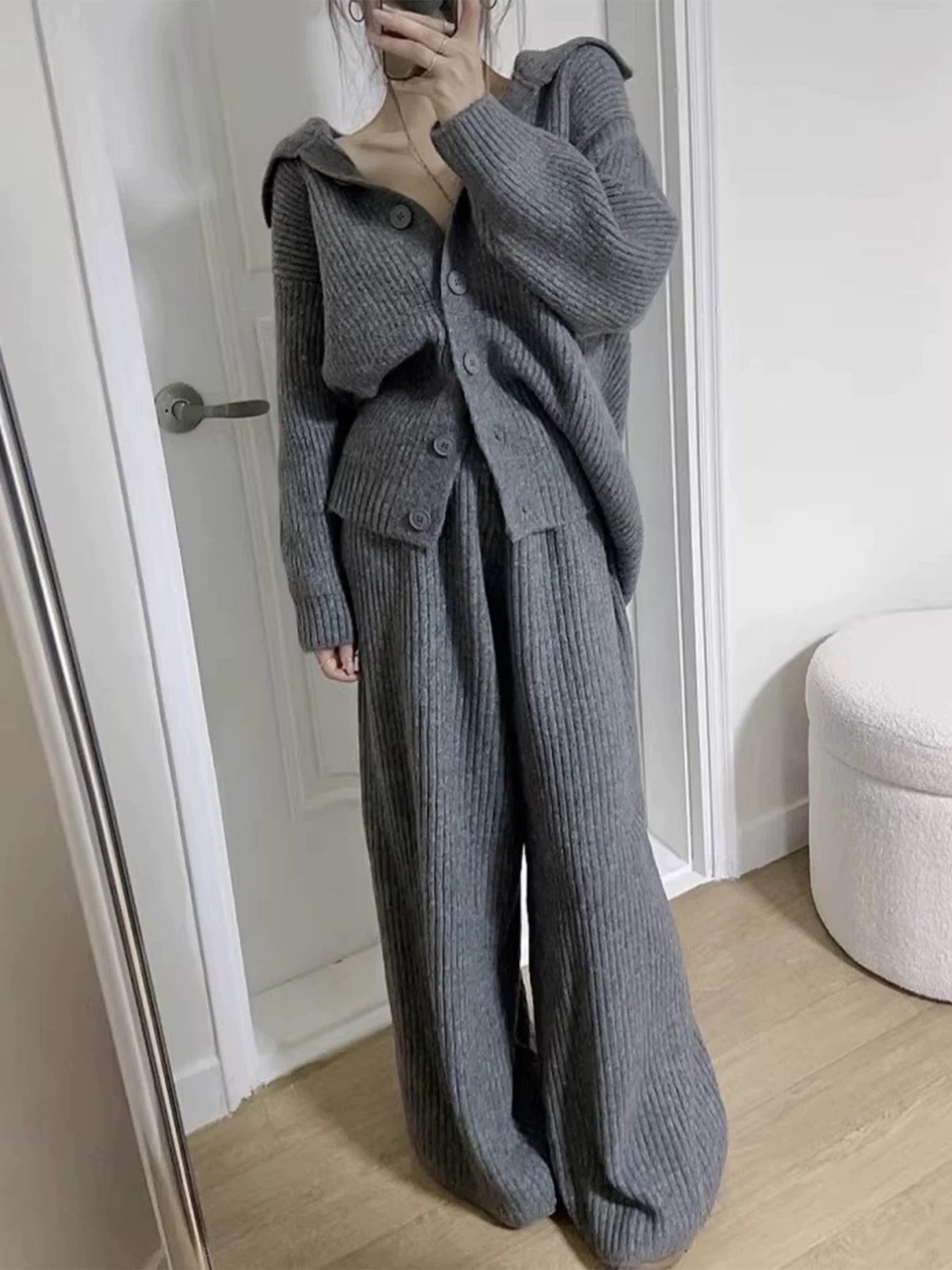 Knitted Cardigan Sweater + Trousers Two-Piece Set