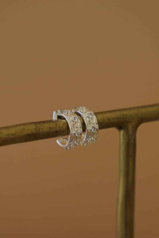 Silver hoop earrings on a gold stand against a brown background