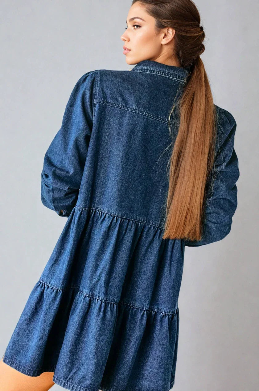 Button Down Babydoll Ruffle Denim Dress
