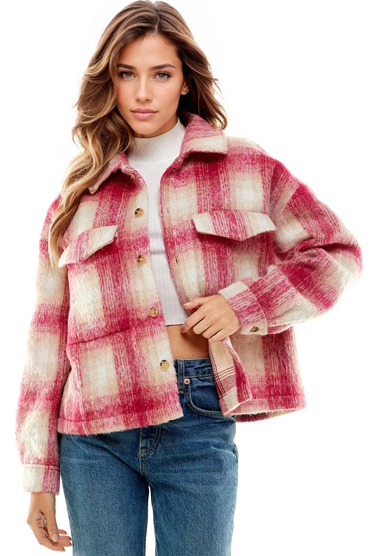 Vibrant Aura Pink Plaid Pocket Shacket