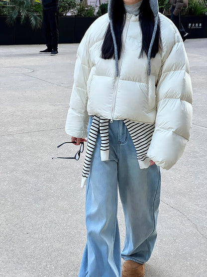 Fluffy White Duck Down Puffer Jacket - Premium Insulation