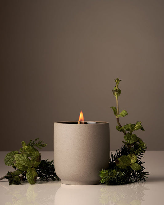 Candle in a gray ceramic holder with greenery on a neutral background