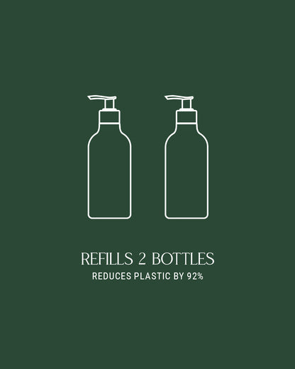 Two white bottle icons with text on a green background