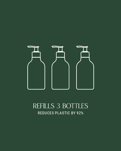 Three white bottle illustrations with pump dispensers on a green background, indicating a refill system for reducing plastic use.