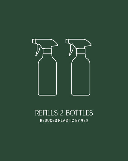 Two white spray bottles on a green background with text about refills reducing plastic use.