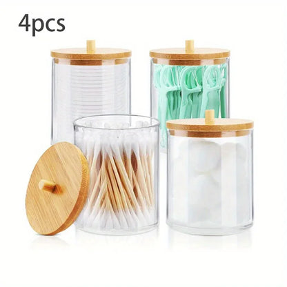 Acrylic Cotton Swab Storage Box Bathroom Jar Cosmetics Storage Box Cotton Ball Pad Round Cotton Swab Holder With Bamboo Cover