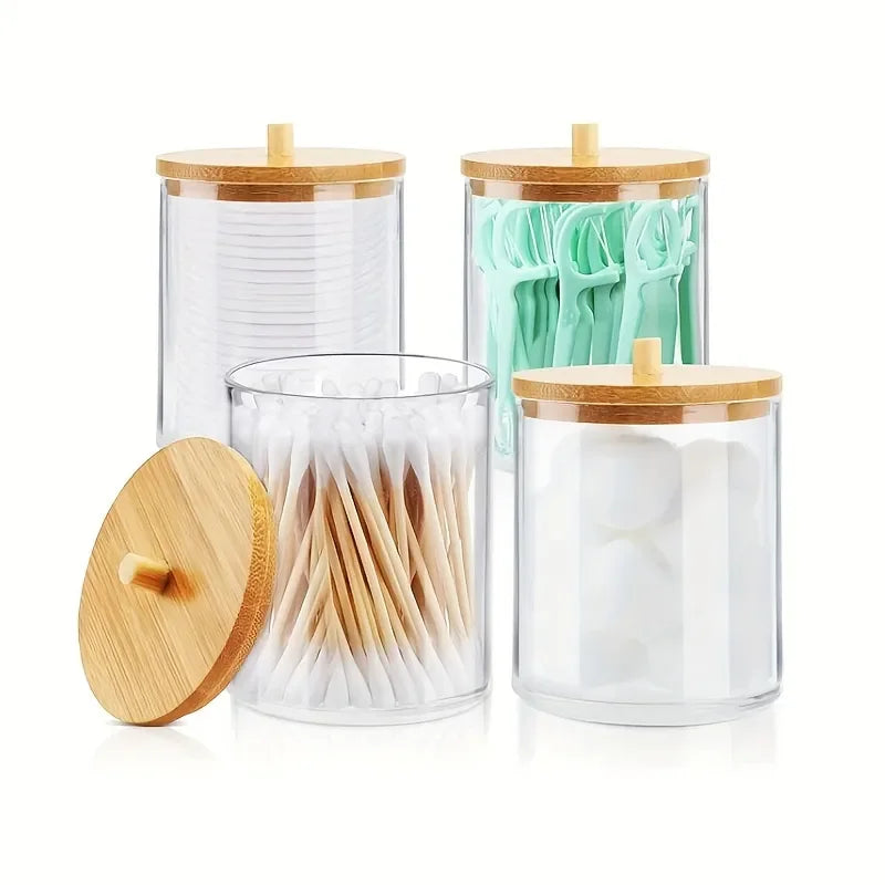 Acrylic Cotton Swab Storage Box Bathroom Jar Cosmetics Storage Box Cotton Ball Pad Round Cotton Swab Holder With Bamboo Cover