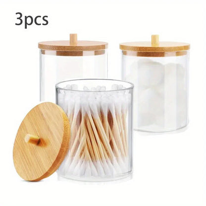 Acrylic Cotton Swab Storage Box Bathroom Jar Cosmetics Storage Box Cotton Ball Pad Round Cotton Swab Holder With Bamboo Cover