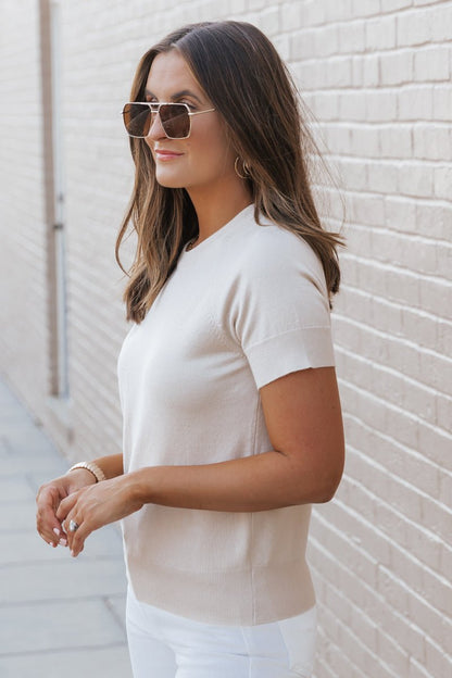 Beige Short Sleeve Crew Neck Sweater