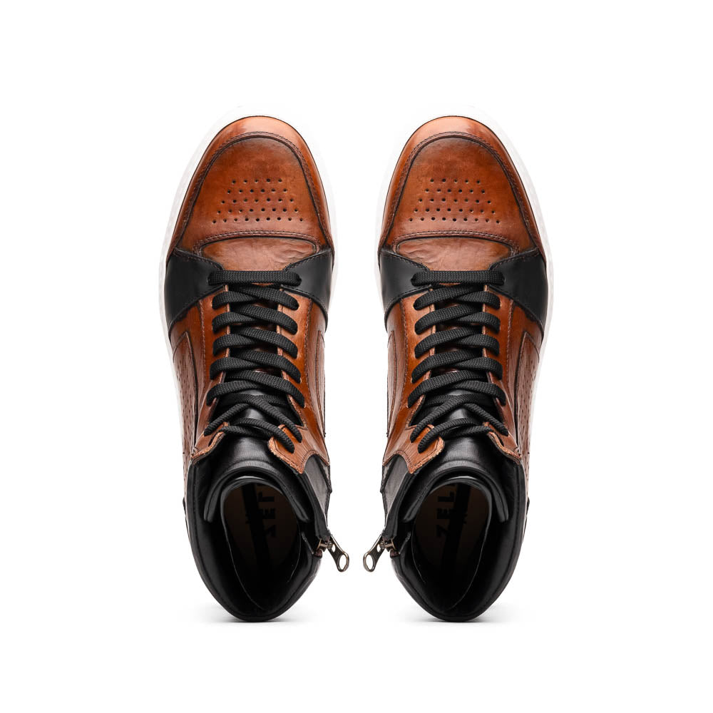 65-356-BRN BRAVO Italian Burnished Calfskin High Top Dress Sneaker Black / Brown