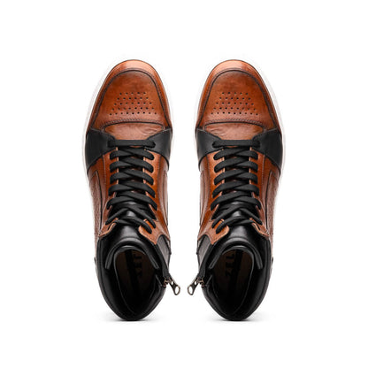 65-356-BRN BRAVO Italian Burnished Calfskin High Top Dress Sneaker Black / Brown