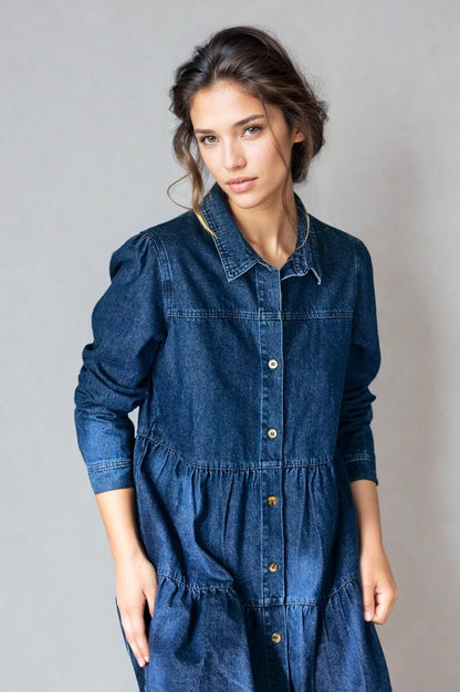Button Down Babydoll Ruffle Denim Dress