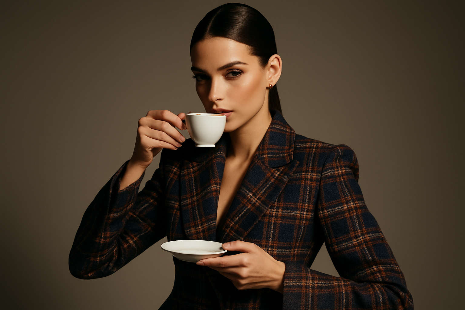 editorial fashion model sipping coffee in a chic plaid blazer brunette