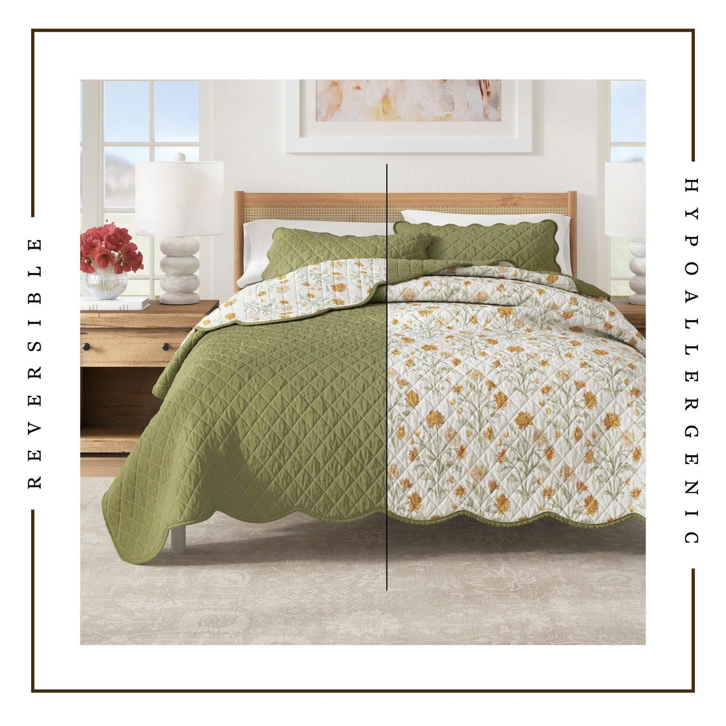Floral Print & Scallopeded Edge Cotton Quilt Set - Illiana Collection