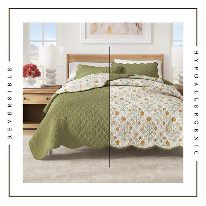 Floral Print & Scallopeded Edge Cotton Quilt Set - Illiana Collection