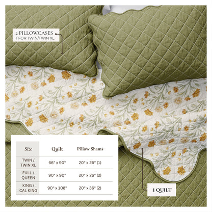 Floral Print & Scallopeded Edge Cotton Quilt Set - Illiana Collection