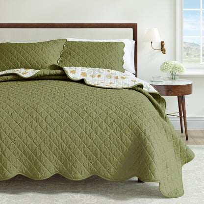 Floral Print & Scallopeded Edge Cotton Quilt Set - Illiana Collection
