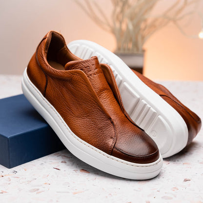 65-225-CGN SPETTACOLARE Italian Pebble Grain Calfskin Sneakers Cognac