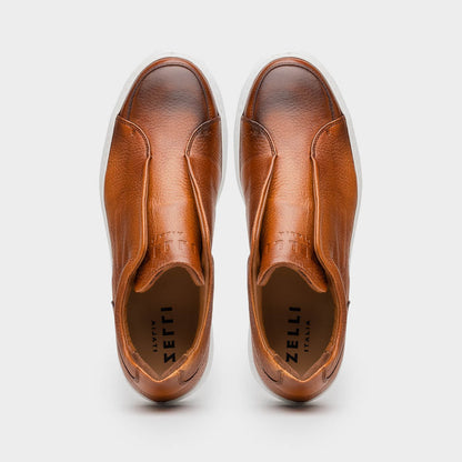 65-225-CGN SPETTACOLARE Italian Pebble Grain Calfskin Sneakers Cognac